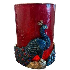 Peacock Pillar Candle Holder Jeweled Enameled Red‎ Crackle Glass by TWA Gorgeous